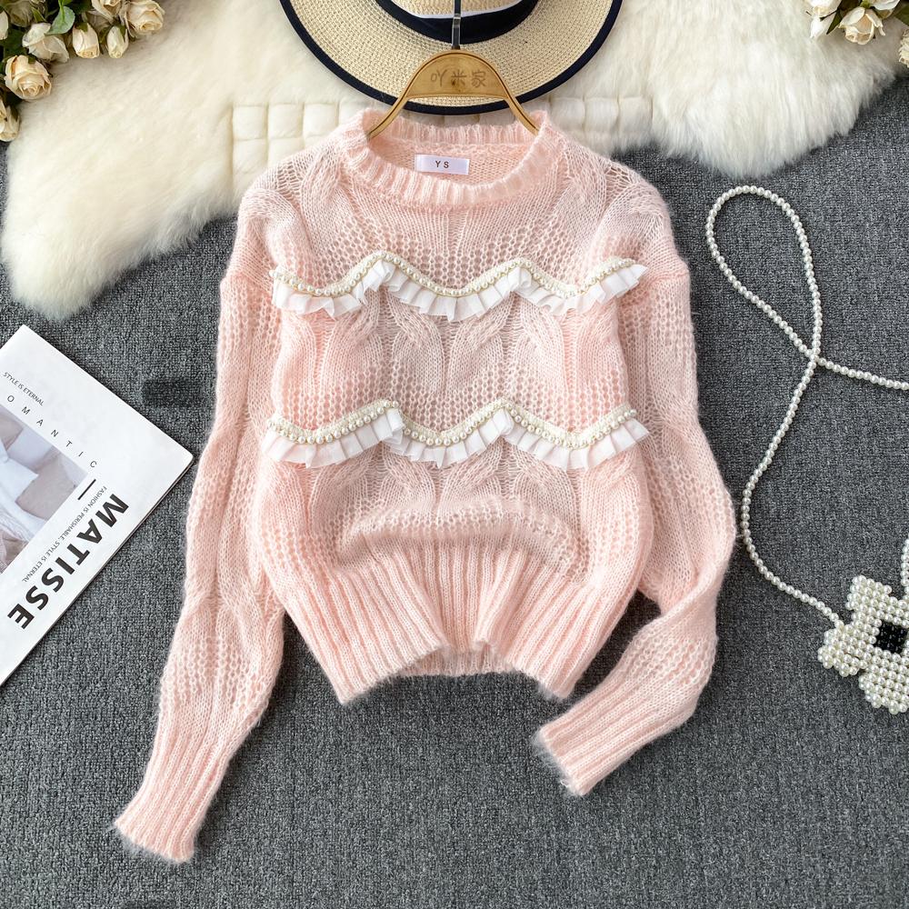 

Весенне-осенний женский вязаный свитер с оборками и бисером, пуловер One Size белый