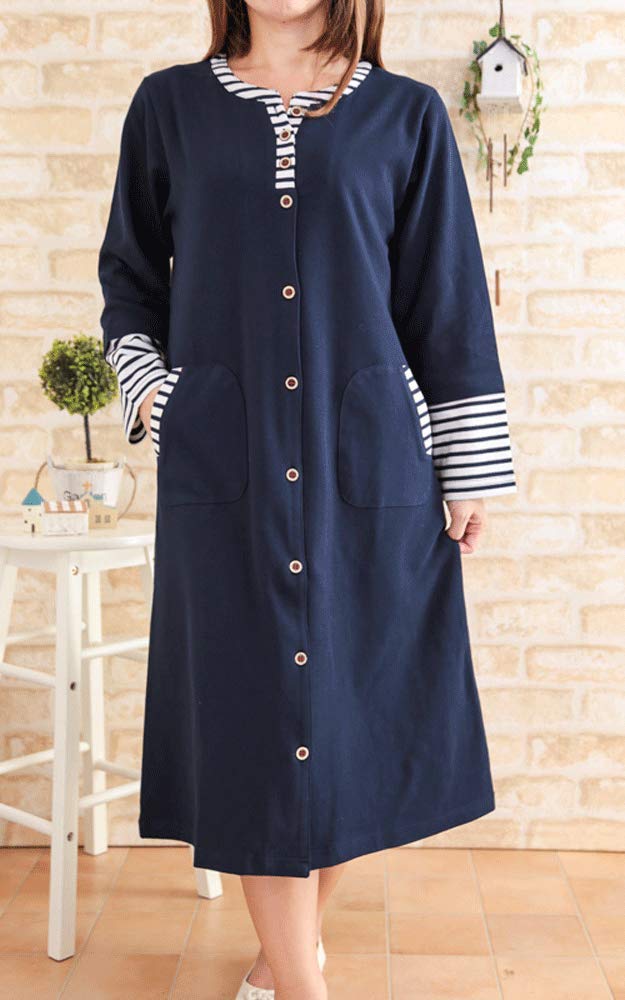 Eye Cotton Slightly Thick Knit with Border Switching Long Sleeve Open Front Dress Item Nightgown 35059 K's 100% Women's Spring/Autumn (M-L, Navy)