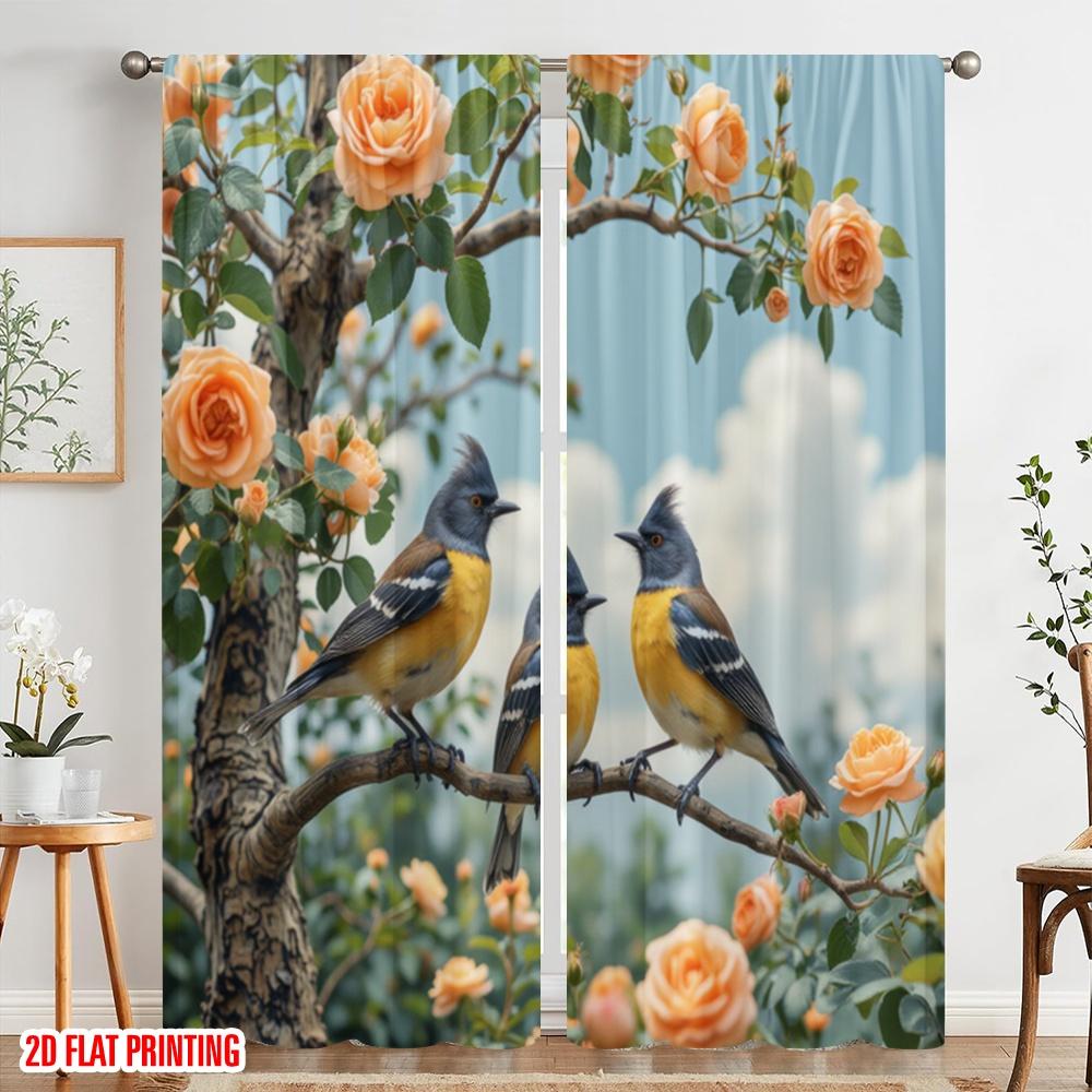 2 Stück, 2D-Flachdruck Minimalistische Vorhänge VögelUndBlüten Polyestergewebe (ohne Stange) Festlich Ideal für Schlafzimmer & Wohnzimmer