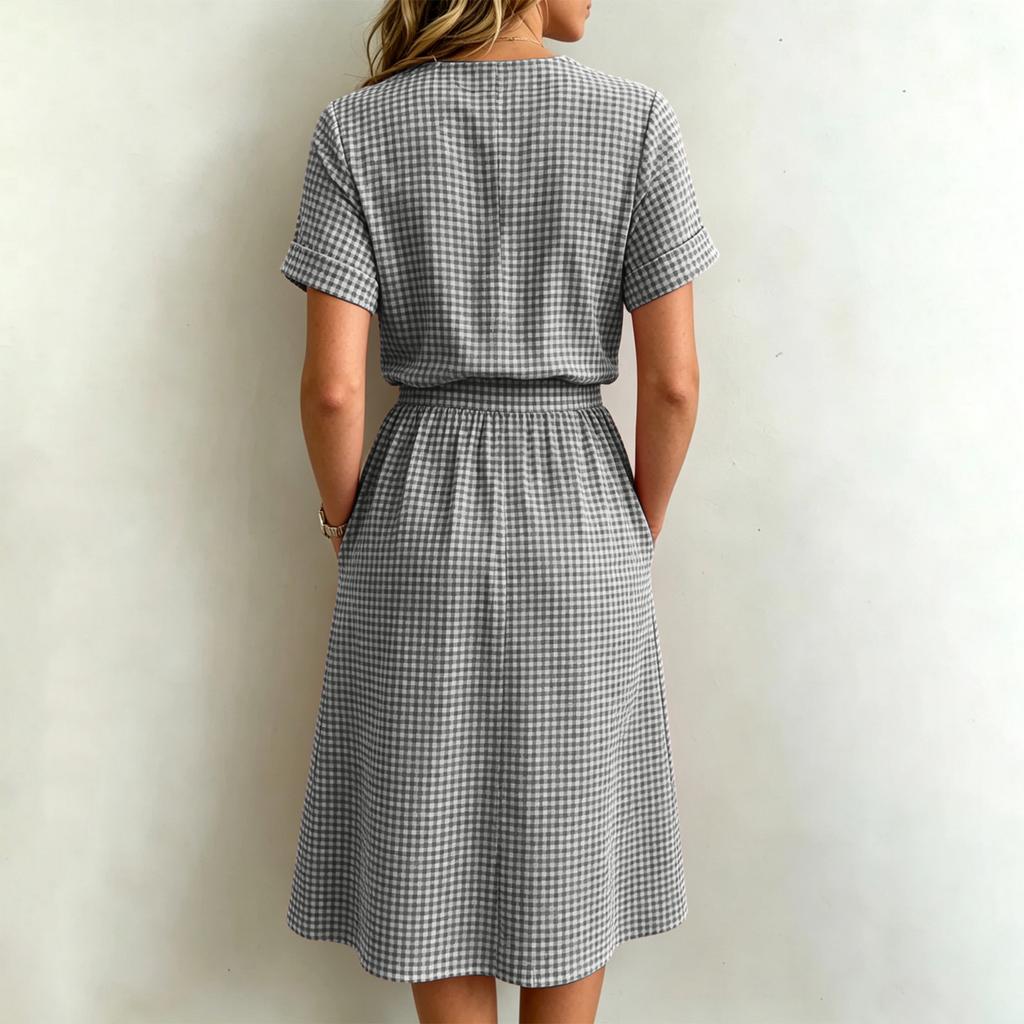 Women's Plaid Two-Piece Outfit, Short Sleeve Button Top with Pocket and Matching Skirt, Summer Casual Set