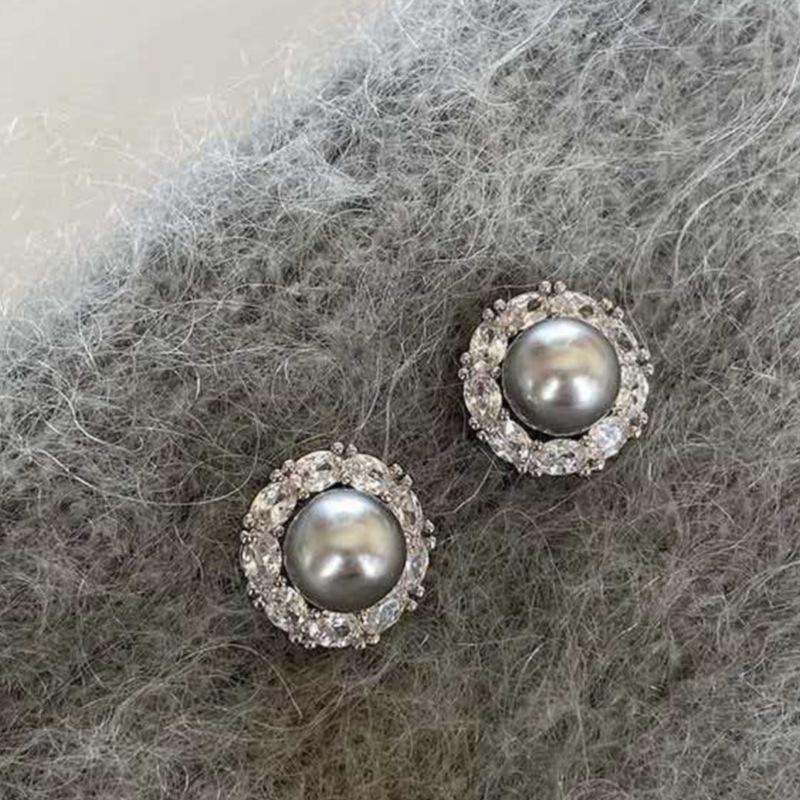 Elegant Zircon Grey Pearl Round Stud Earrings - Stylish, Light Luxury Design for Women