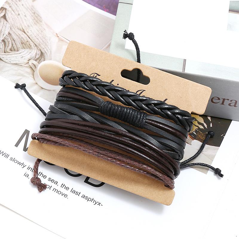 Cross-border European & American Multi-layer Cowhide Bracelet Set - 4-piece DIY Woven Leather Combination