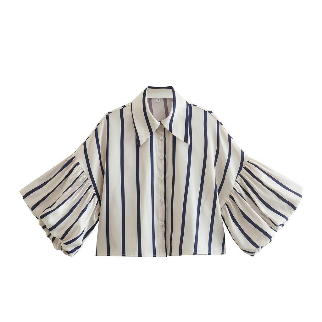 Spring 2025 Women's European & American Style Loose Puff Sleeve Print Shirt