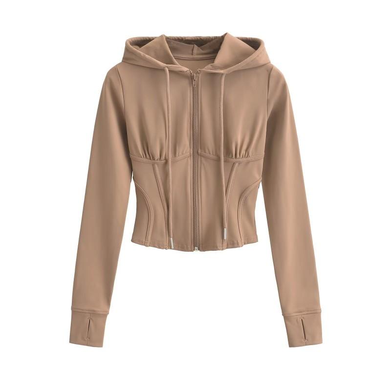 Womens Fitted Hooded Zip-Up Sweatshirt With Ribbed Detail Warm Winter Sportswear