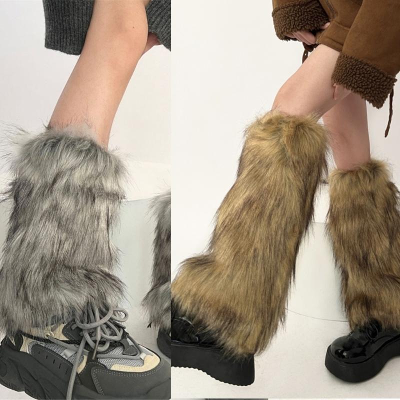 Women Harajuku Fuzzy Plush Leg Warmers Japanese JK Winter Warm Thickened Furry Boots Cover Vintage Leg Sleeve Long Socks