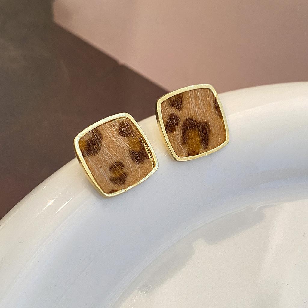 Hong Kong Style Flocking Leopard Print Geometric Stud Earrings Retro Niche Design Commuter Earrings Simple Earrings Women