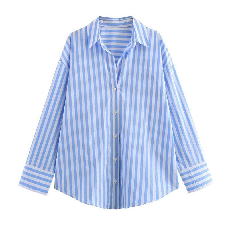 Women S Loose Fit Long Sleeve Collared Striped Casual Shirt