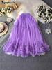 Summer New Fairy Misty Slimming A-Line Mesh Half-Length Skirt Sweet Wood Ear Trim Fluffy Long Dress