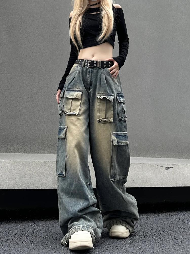 Harajuku 90. léta Y2k Vintage Baggy Jeans Ženy Grunge Prané Více kapes Džínové Cargo Kalhoty Nízký růst Ležérní široké kalhoty