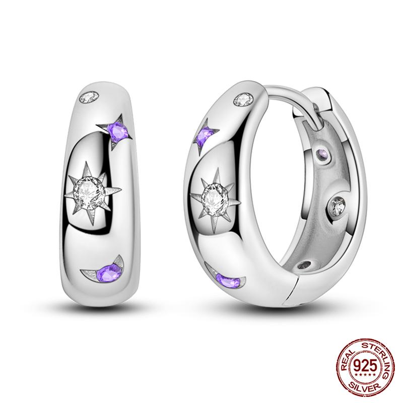 Charms Double Hoop Earrings For Women 100% 925 Silver Cubic Zircon Heart Star Moon Earrings Elegant Birthday Jewelry Gifts