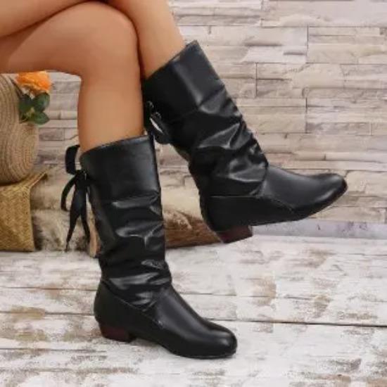 Shoes For Women  Spring Knee High Boots Red Black White Tall Boots Woman Pleated Low Heel Casual Leather Female Long Shoes