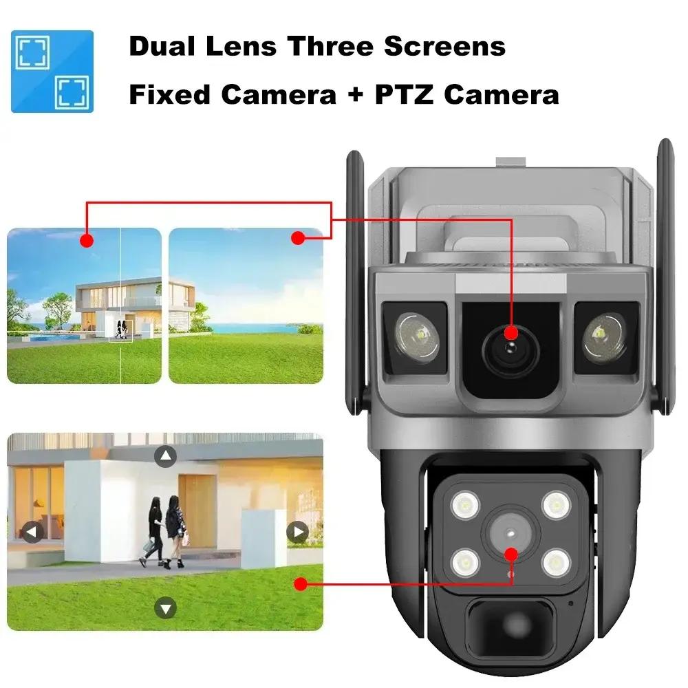 4G SIM Card Solar IP Camera 6K 12MP Three Screens 10X Zoom Outdoor CCTV Auto Tracking Build In Battery Waterproof Security Protection Cam