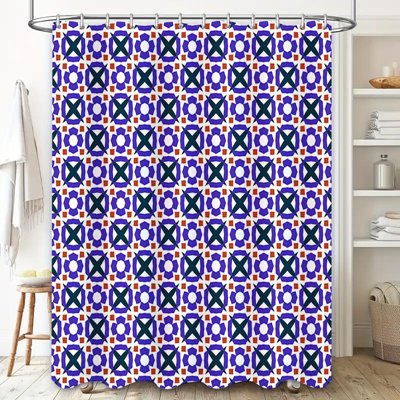 Modern Geometric Bathroom Shower Curtain Sets Made From Waterproof Polyester Fabric In Blue, Green And Orange Colors