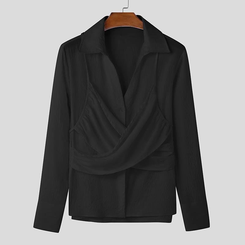 

INCERUN Men Lapel V Neck Long Sleeve Front Cross Texture Casual Shirts M чёрный