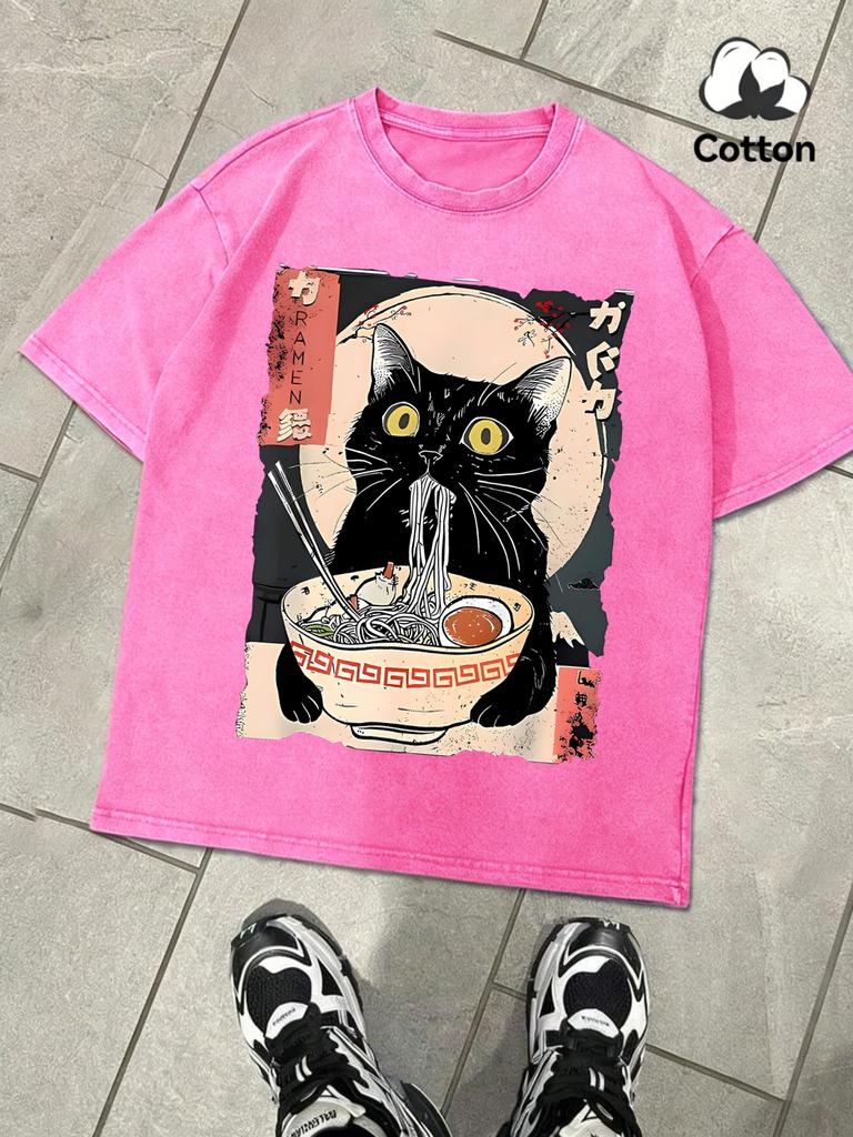 Cat Likes To Eat Noodles And Daydream Washed Mens TShirt Retro Summer Cotton Tee Fashion Basics Clothing Unisex Soft Loose Top