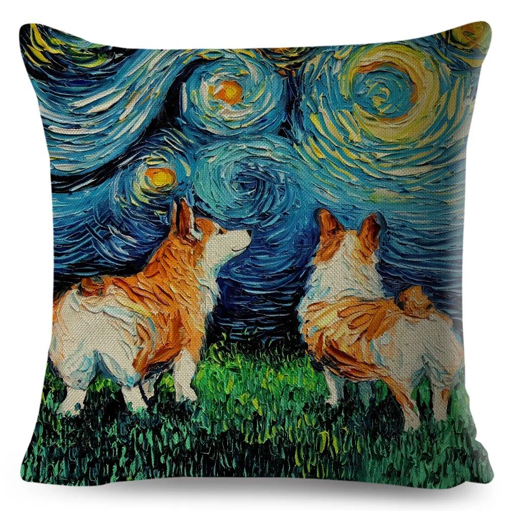

Двусторонняя наволочка для подушки с изображением собаки и звездного неба, декоративная масляная живопись, мультяшное домашнее животное, наволочка для дивана, домашняя льняная наволочка 40x40cm 16x16in