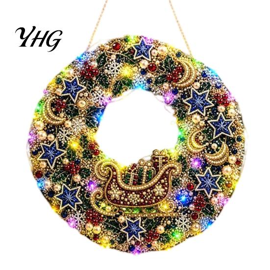 Sparkling Gemstone Art Project DIY Acrylic Christmas Faux Pearl Hanging Kit, Lighted Wreath 3D Beaded Craft Bead Mosaic Kit with LED String