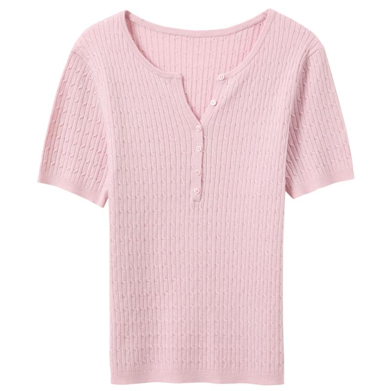 Sancai Plus Size Spring Round Neck Cable Knit Short Sleeve Top