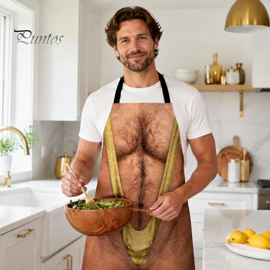 Funny White Elephant Gifts 3D Hairy Men's Body Apron, Novelty Muscle Print BBQ Gag for Men Cooking Bib, Adjustable Polyester Kitchen Apron Grilling