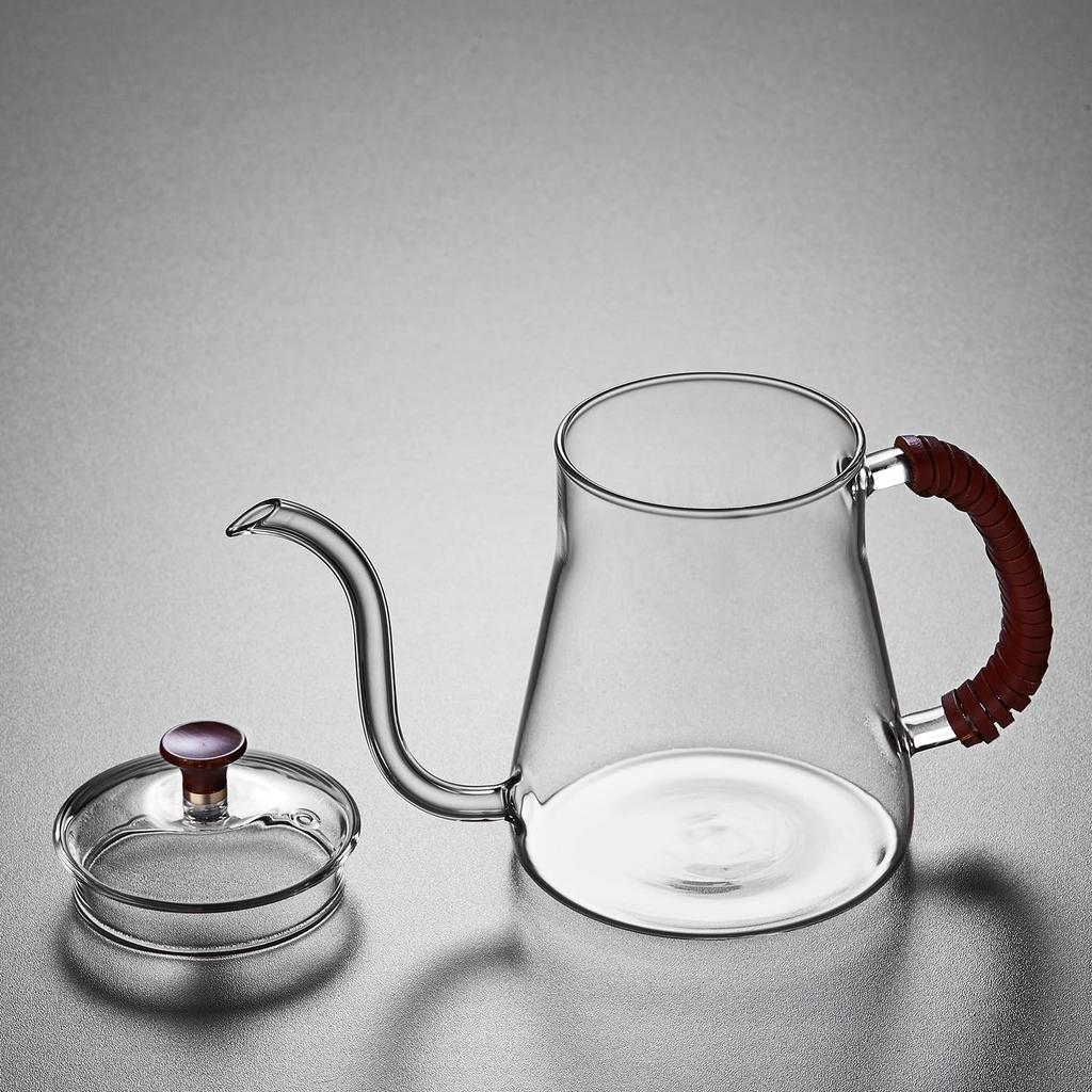 Pokaro Tee-Tropfkanne, Kaffeekessel, Kessel mit schmaler Ausgusstülle, Hitzebeständiges Glas, 680ml, Schwanenhalskanne mit schmaler Ausgusstülle, Kaffeekanne, Herdplattengeeignet,