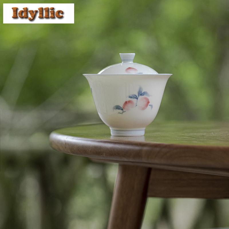 140ml Jade Mud Hand-painted Peach Gaiwan Boutique Tea Tureen Tea Bowl With Lid Kit Tea Maker Cover Bowl Chinese Teaset Ornaments