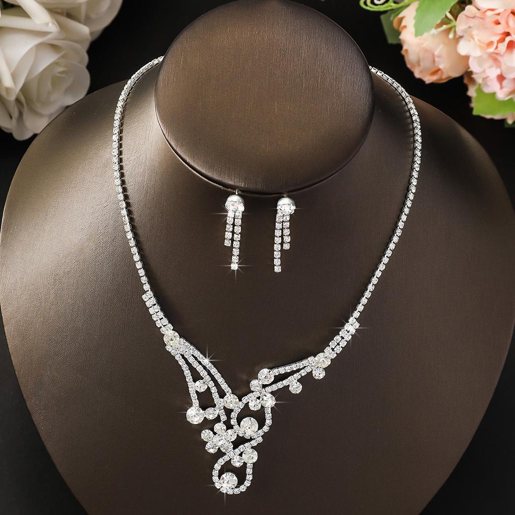 3PC women's fashionable rhinestone necklace earrings Zircon set, suitable for weddings, parties, and holiday gifts