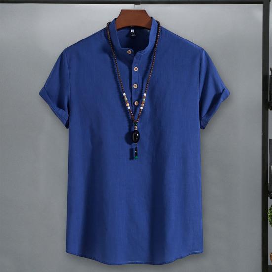 Muži Košile Stojánek Límec Knoflíky Výstřih Jednobarevné Krátké rukávy Pulovr Běžné nošení Bavlna Povlečení Pánské topy Letní móda Tričko Oblečení do práce