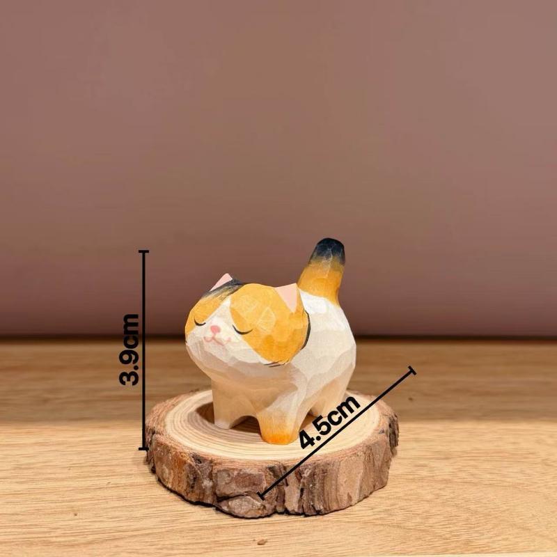 1Pcs Calico Cat Handcarved Wood Figurine Decorative Home Office Desk Ornament Special Gift for Cat Owners