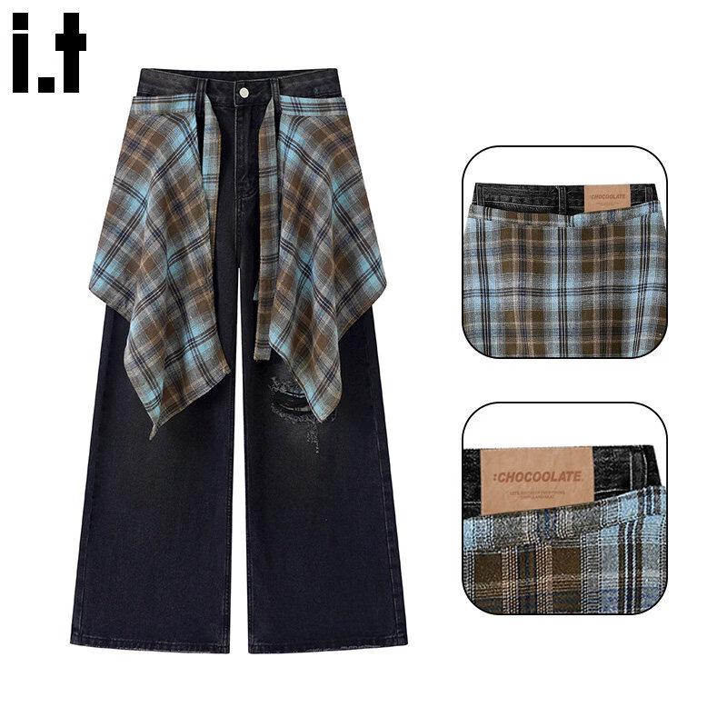 :CHOCOOLATEit Women s Patchwork Plaid Wide-Leg Jeans M