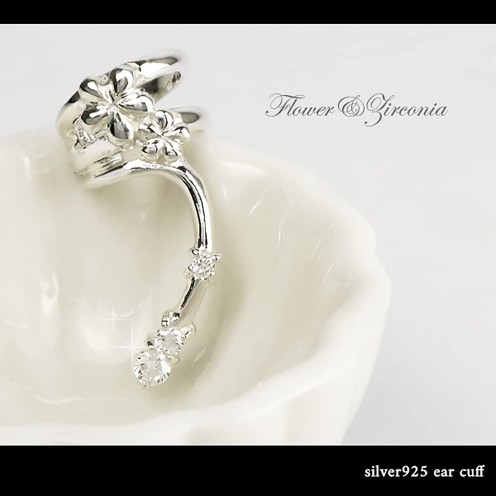 Shinjuku Gin no Kura Flower and Zirconia Silver 925 Ear Cuff (Single Earring) - Simple Design for Women