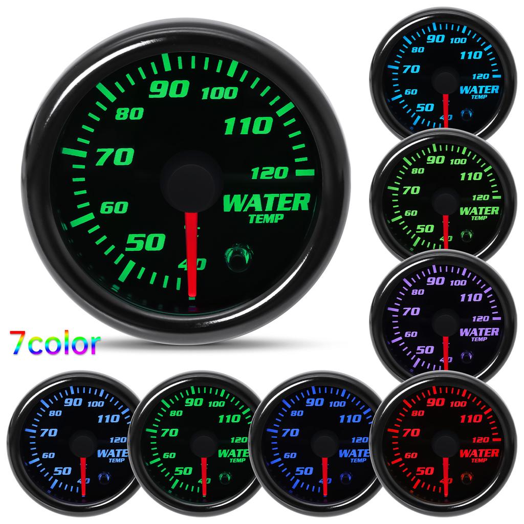 Smoked Face 7 Color Light 52mm Water Temperature Gauge with Temp Joint Pipe Sensor 26-40mm Hose Adapter for Gasoline Car 12V