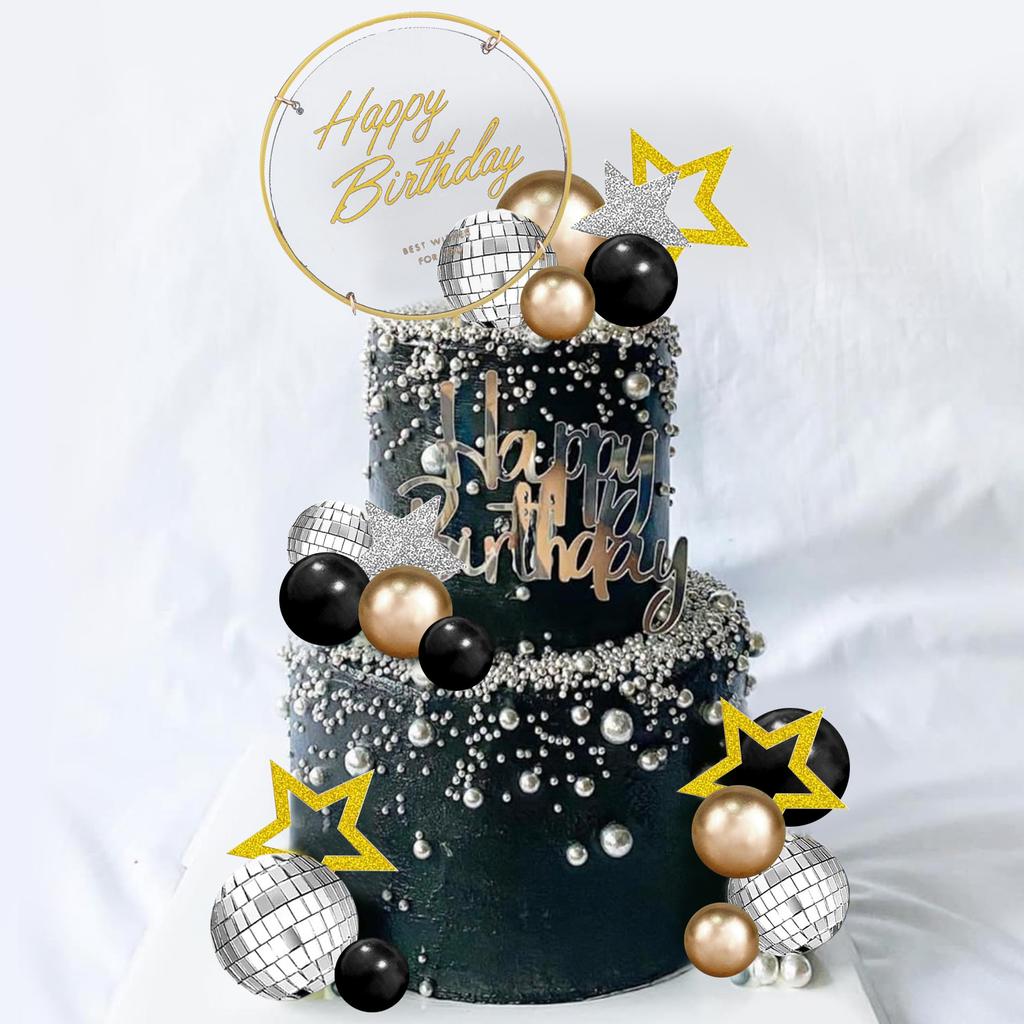 Man Cake Toppers Happy Birthday Cake Topper Black Gold Balls Cake Decorations for Birthday Wedding Baby Shower Party Decoration