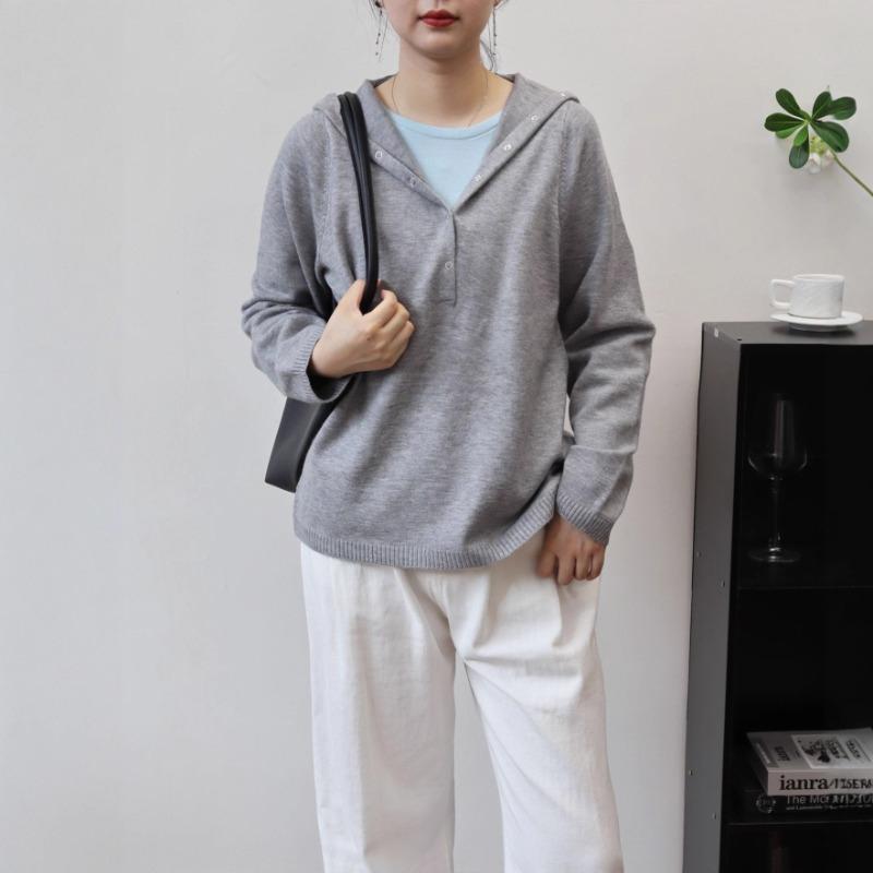 Hooded Knitted Sweater Top Autumn and Winter New Loose Temperament Solid Color Versatile Casual Sweater Pullover Woman