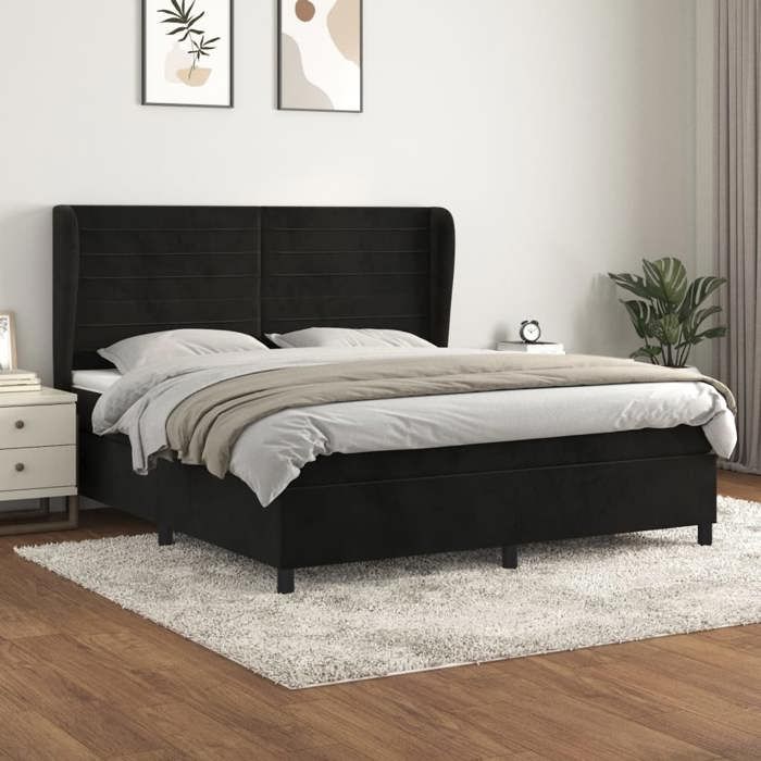 Lit avec sommier et matelas - Maison Exclusive - Noir - 160x200 cm - Velours doux - Tête de lit réglable