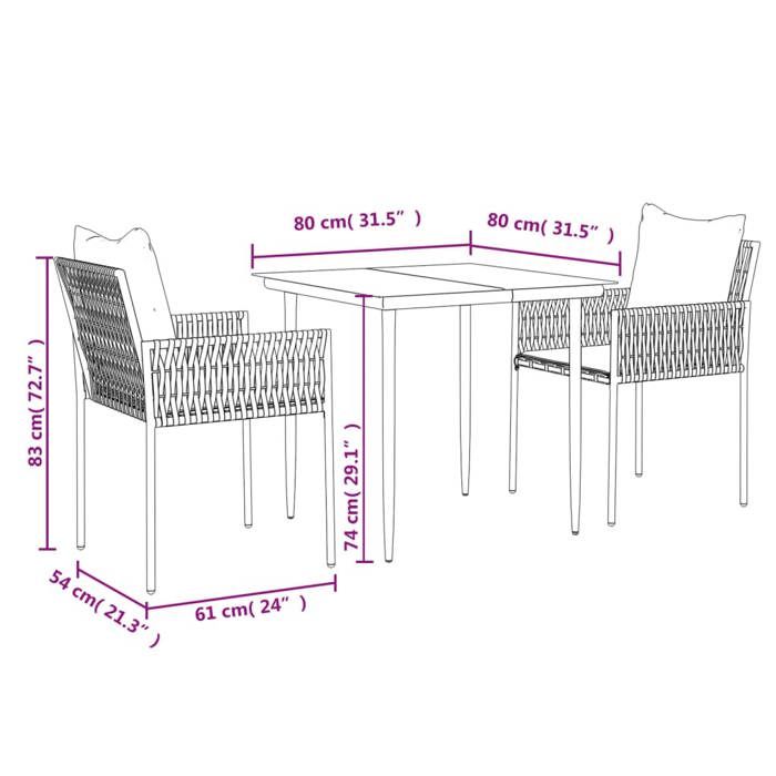 VidaXL 3-piece Garden Dining Set Cushions Braided Resin Steel 3187049