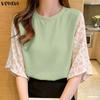 VONDA Summer Women O-Neck Print Splice 3/4 Sleeve Casual Loose Blouse