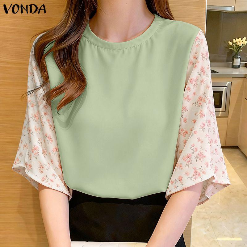 VONDA Summer Women O-Neck Print Splice 3/4 Sleeve Casual Loose Blouse
