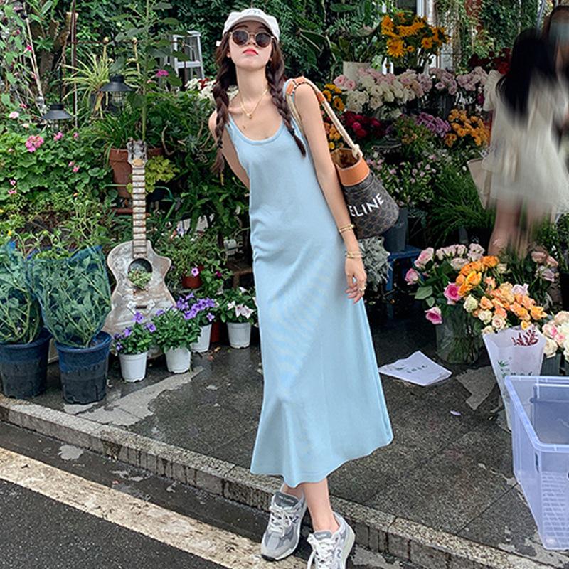 High-end design shoulder strap dress women's new summer loose and slim inner wear over-the-knee vest dress