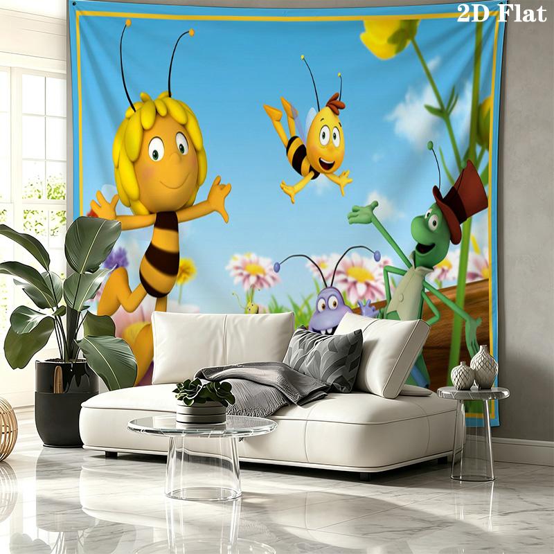 Maya the Bee Tapestry, Cartoon La Abeja Maya & Friends Honeycomb Print Wall Hanging for Kids Bedroom Home Decor