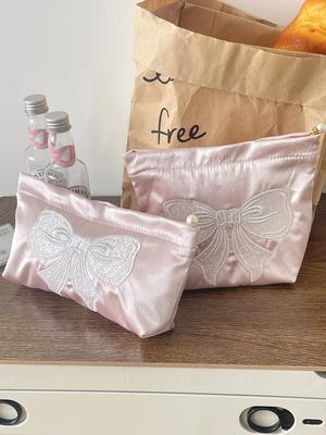 Cute and Girly High-end Large-capacity Embroidered Satin Storage Bag with Pearl Bow Makeup Bag