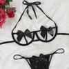 2 Pcs/Set Women Underwear Set Bow Decor Hollow Out Three-point Lace-up Halter Neck Honeymoon Bedroom Bra G-string Set High Waist Revealing Thong