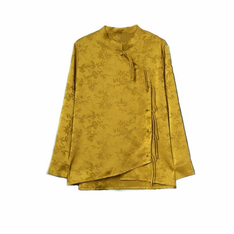 

Стиль 2024 Весна Новое поступление Женская Элегантная Стройнящая Легче всего сочетать Стильный Национальный стиль Воротник-стойка Жаккардовая Рубашка с пуговицами в виде китайского узла Yellow XL