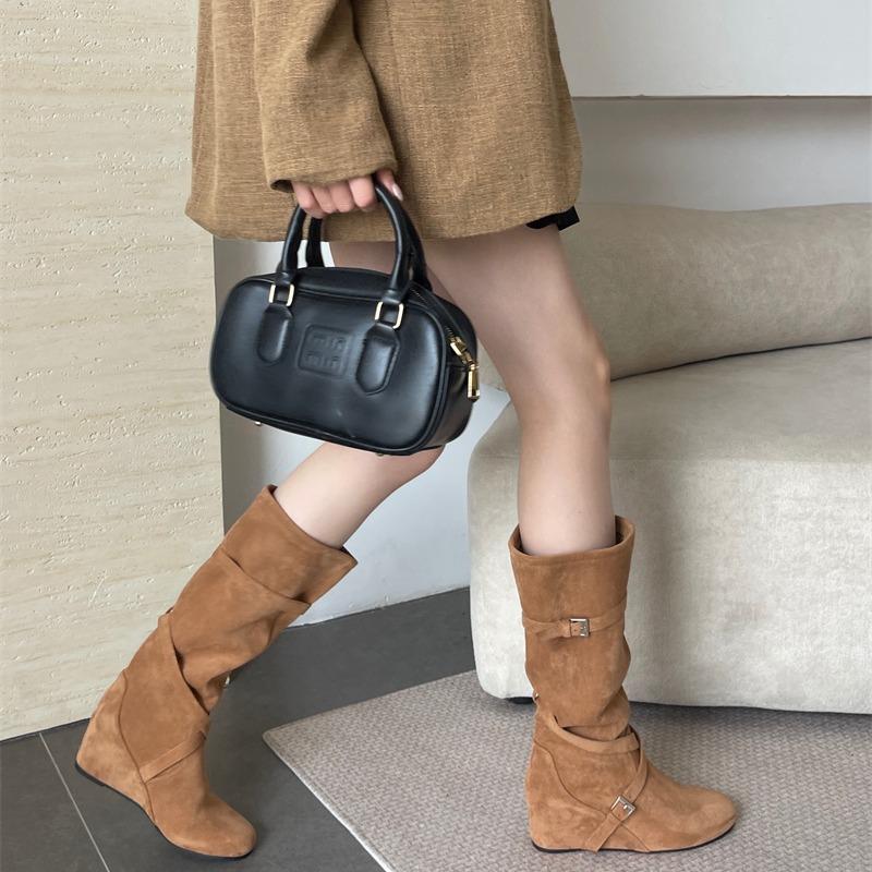 New Retro Matte, Height Increased by 6cm~ Korean Round Head Buckle with Soft Folds and Thin High Boots for Women's Autumn