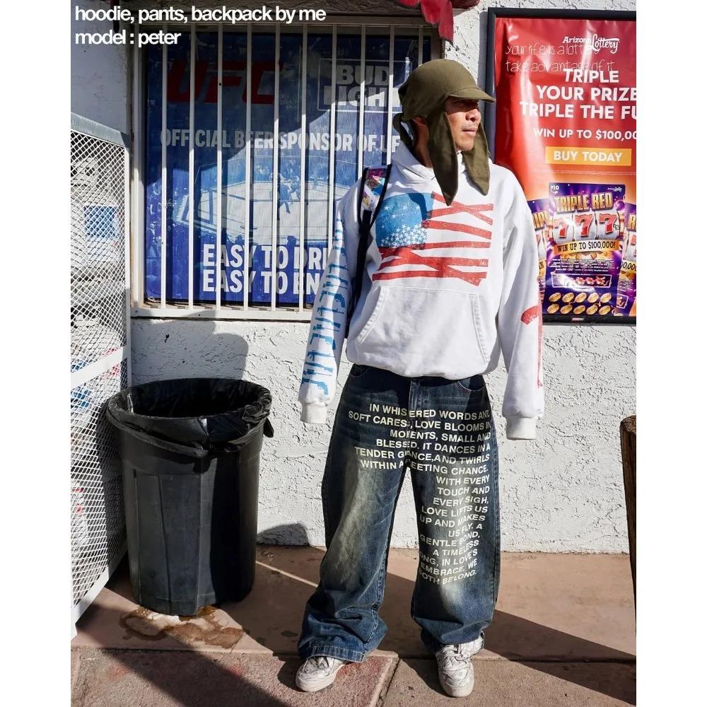 RogueWave Y2K Jeans Vintage American Pattern Letter Jeans Streetwear Gothic Harajuku Hip Hop Men Women Fashion Casual Wide Leg Jeans