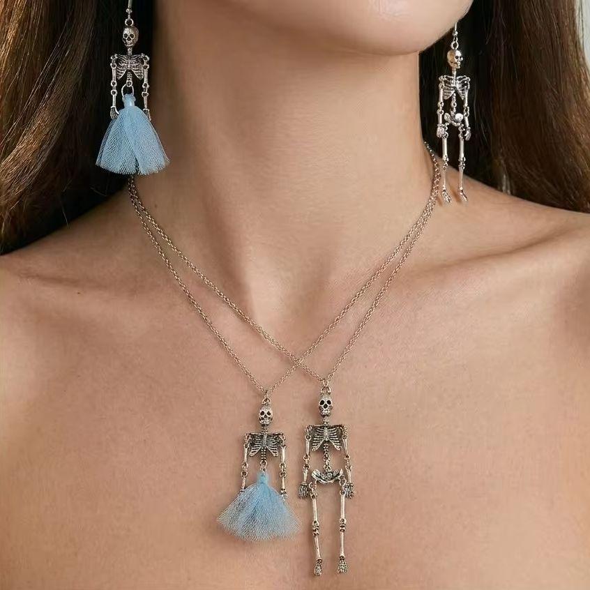 Halloween Vintage Skeleton Skull Dangle Earrings Necklace for Women Men Goth Punk Gothic Asymmetrical Earrings Party Jewelry