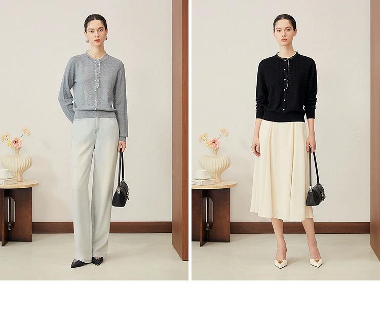 2025 Autumn High-End Ladies Knit Sweater with Ruffle Trim Long Sleeves