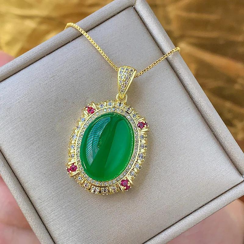 Luxury Oval Gemstone Pendant Necklace Adjustable Ring Elegant Green and Red Stones with Crystal Accents Women Jewelry Gift