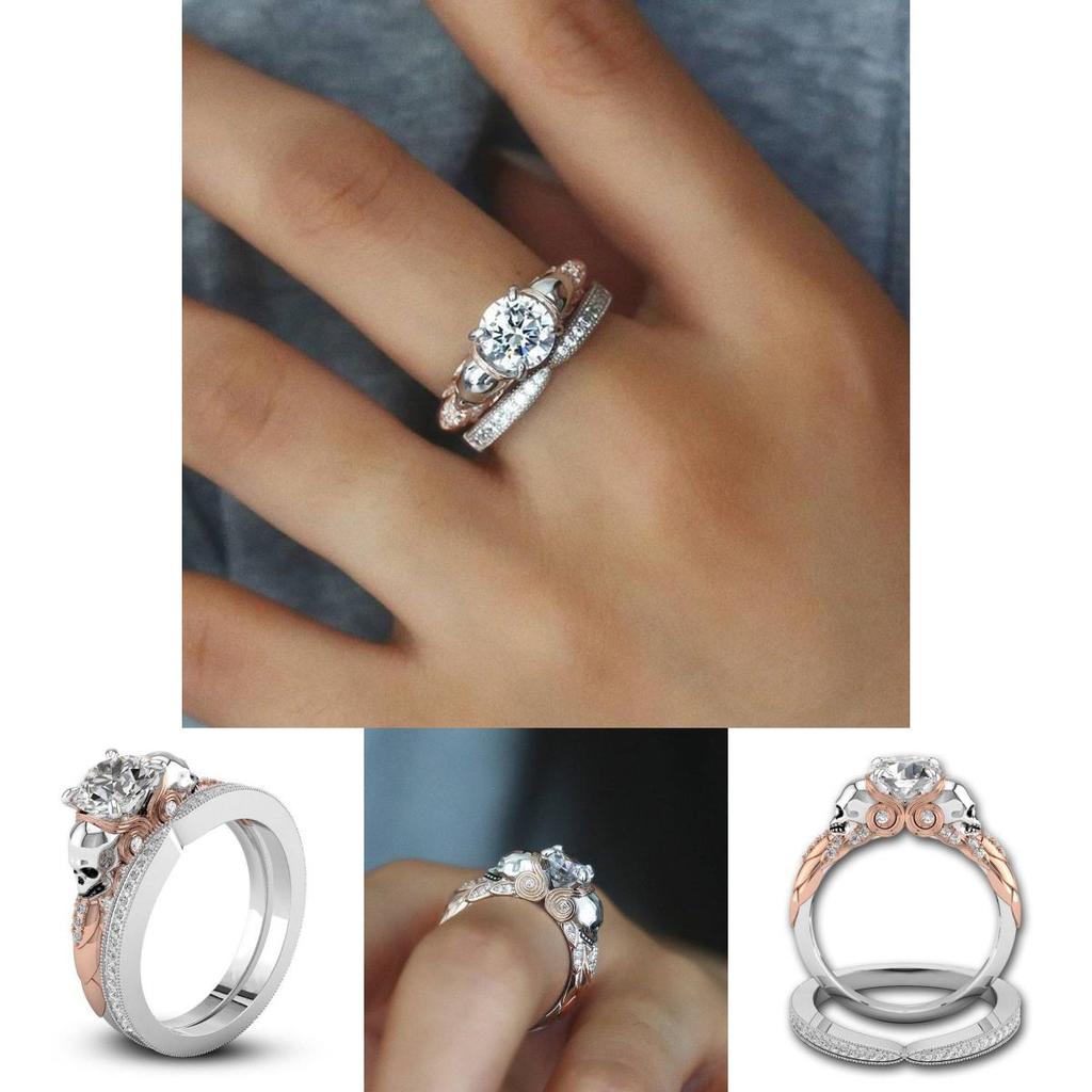 Creative Fashionable Couples Skull Ring With Dual Color Diamond Design In Alloy Material