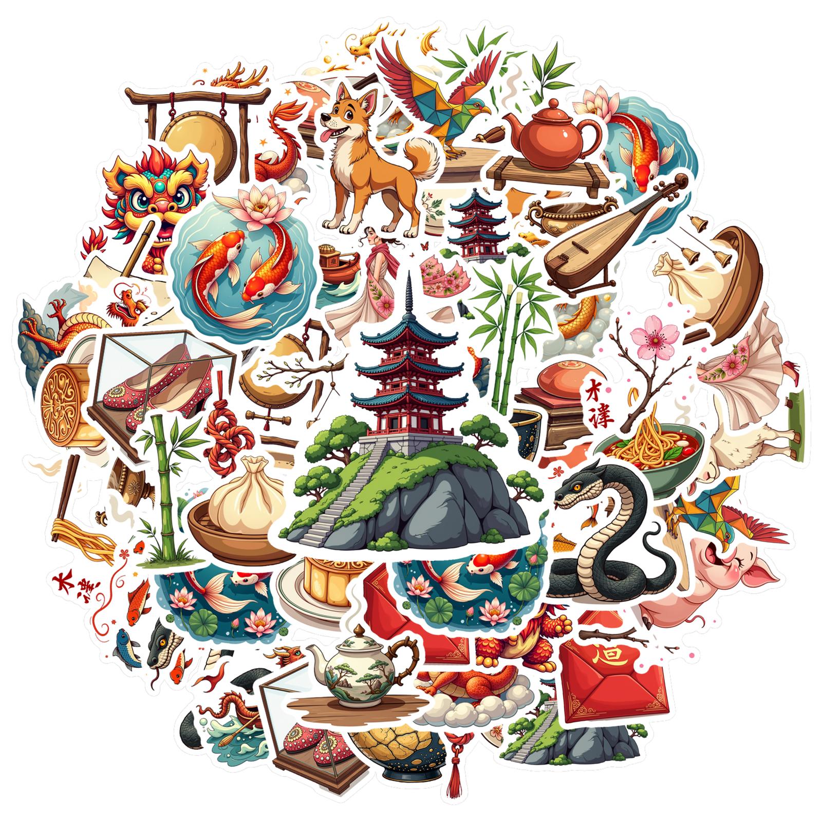 35pcs-70pcs Cartoon Chinese Culture Stickers Traditional Festive Elements Stickers Funny Stickers For Car Sticker