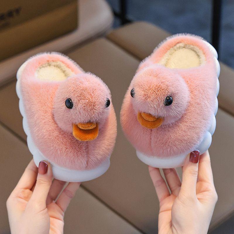Kleine Ente Plüsch rutschfeste Baumwollpantoffeln für Kinder - Süßes pelziges Design für Jungen & Mädchen